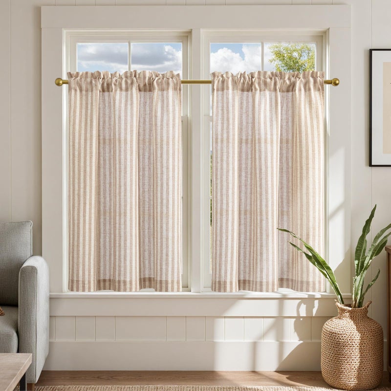 jinchan Striped Linen Kitchen Curtains 36 Inches Length Tier Curtains Farmhouse Modern Cafe Style Small Window Treatments Airy Light Filtering Rod Pocket for Living Room Bathroom 2 Panels Tan - Image 1